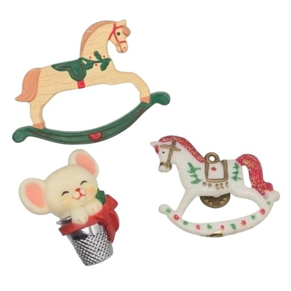 Set of 3 Vintage Pin Brooch Hallmark 1983 Christmas Mouse 1989 Rocking‎ Horse